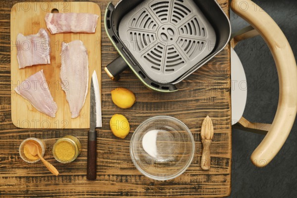 Fish fillets are arranged on a cutting board next to a bowl and spices. Fresh lemons rest nearby, with a sharp knife on the wooden table, indicating meal preparation in a home kitchen