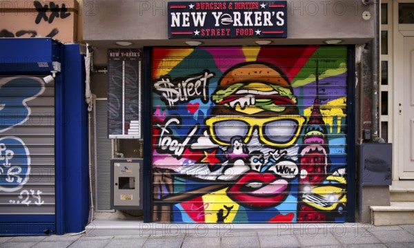Graffiti on shutters, snack bar, New Yorker's, street food, closed, Thessaloniki, Macedonia, Greece