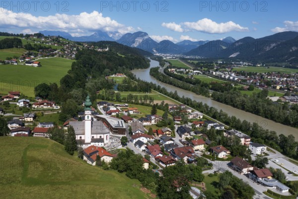 Drone image, view of village with parish church, Breitenbach am Inn, Inntal, Tyrol, Austria