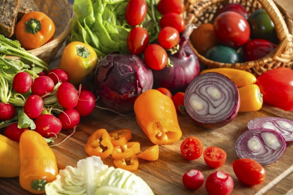 Mix of fresh vegetables such as peppers, onions and tomatoes, on a wooden board next to Easter eggs
