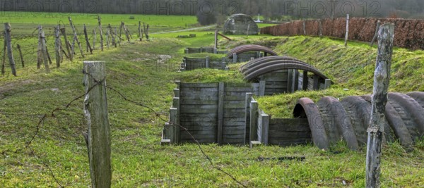 Reconstructed World War One trench with elephant shelters made of corrugated iron near WWI Christmas Truce Monument at Ploegsteert, Hainaut, Belgium