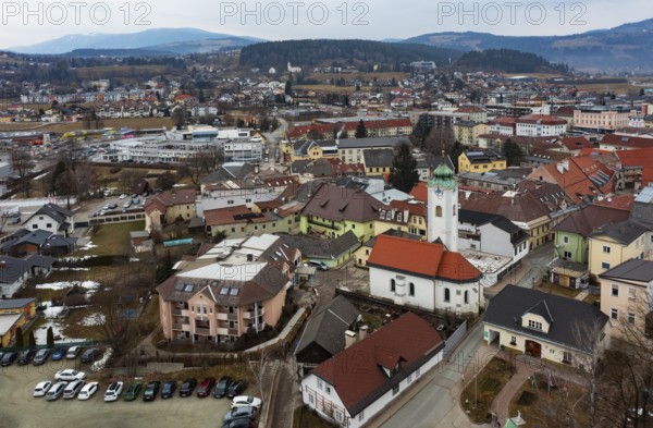 Drone shot, townscape with residential buildings and shopping centres, town view, Feldkirchen in Kärnten, Carinthia, Klagenfurt basin, Austria