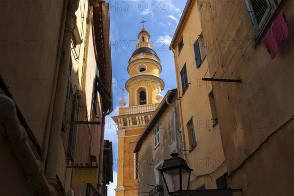 France, French Riviera, Menton Basilica Michael Archangel and old city streets in historic center