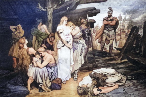 Captured Germanic woman in the Roman camp, Roman-Germanic War, c. 55 BC, coloured wood engraving, reproduction from a model from c. 1888, historical, woman in mourning in front of the ruins of Troy, antique atmosphere with soldier in the foreground