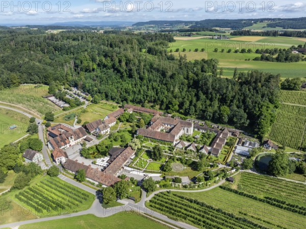 Aerial view of Ittingen Charterhouse, a former Carthusian monastery, today a cultural centre, conference centre, museum, hotel, restaurant and estate, Warth-Weiningen, Canton Thurgau, Switzerland