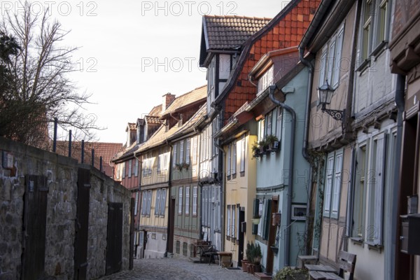 Historic half-timbered houses on the Schlossberg, World Heritage town of Quedlinburg, Saxony-Anhalt, Germany