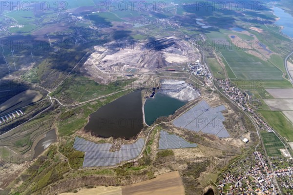 Aerial view, opencast mine, Amsdorf, Romonta GmbH, lignite mining area, lignite, mining, Mansfeld-Südharz, Harz foreland, Querfurt plateau, Teutschenthal salt saddle, coal seams, post-mining landscape, bitumen, montan wax factory, montan wax, Saxony-Anhalt