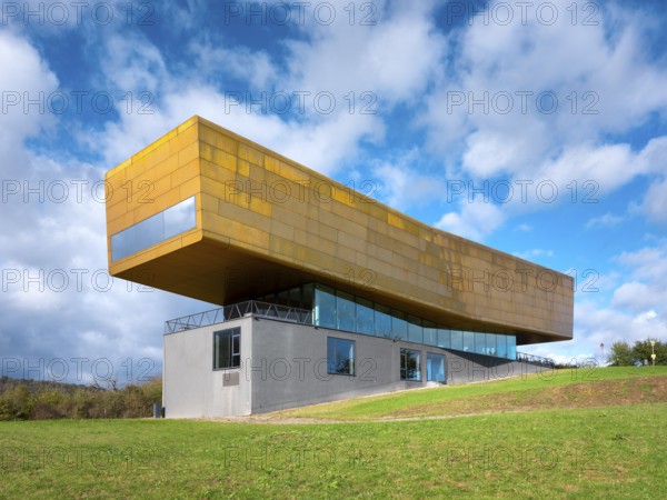Nebra Ark on a green meadow with a cloudy sky, Museum of the Sky Disc, Visitor Centre, Nebra, Burgenlandkreis, Saxony-Anhalt, Germany
