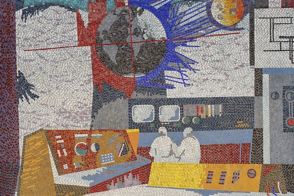 Detail from the glass mosaic Man conquers the cosmos in the style of Eastern Modernism, people in a computer control centre, artist Fritz Eisel, computer centre, Potsdam, Brandenburg