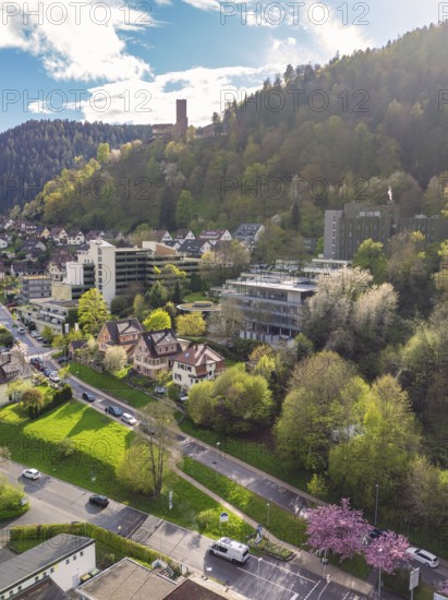 Townscape with surrounding forest and hills under a clear sky, Bad Liebenzell, district Calw, Black Forest, Germany