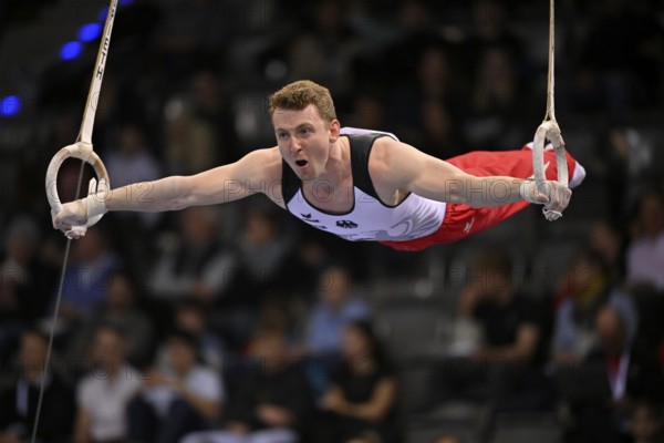 Nils Dunkel GER rings action gymnastics, EnBW DTB-Pokal, Porsche-Arena, Stuttgart, Baden-Württemberg, Germany