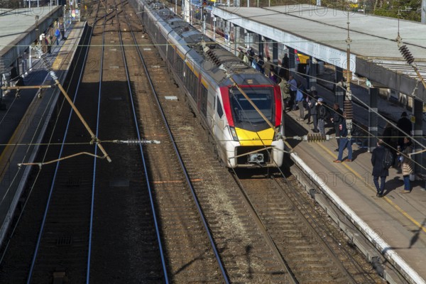 Greater Anglia, British Rail Class Stadler 755 bi-modal multiple unit passenger train arriving at Ipswich railway station, Suffolk, England, UK