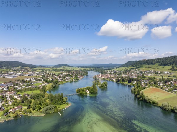 Aerial view of the Werd archipelago in the westernmost part of Lake Constance, Lake Rhine, between Eschenz and Stein am Rhein, Canton Thurgau, Switzerland
