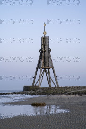 Kugelbake, landmark, twilight, low tide, North Sea, Lower Saxony Wadden Sea National Park, Cuxhaven, Lower Saxony, Germany