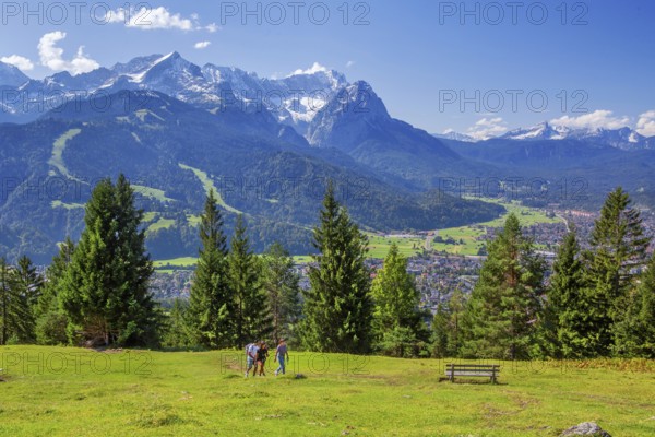 View from Wank 1780m to valley, village and Zugspitzgruppe 2962m, Garmisch-Partenkirchen, Loisachtal, Werdenfelser Land, Upper Bavaria, Bavaria, Germany