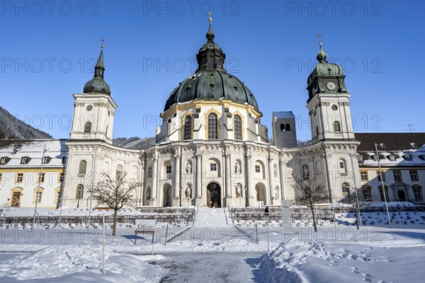 Ettal Abbey, baroque Benedictine abbey, inner courtyard with snow in winter, Ettal, Upper Bavaria, Bavaria, Germany