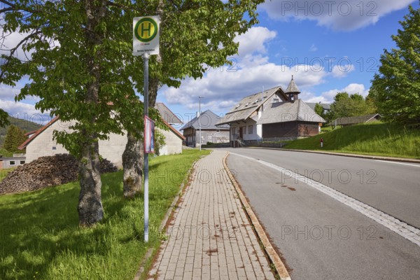 Bernau Unterlehen bus stop and the Unterlehen chapel in Bernau im Schwarzwald, Black Forest, Waldshut district, Baden-Württemberg, Germany
