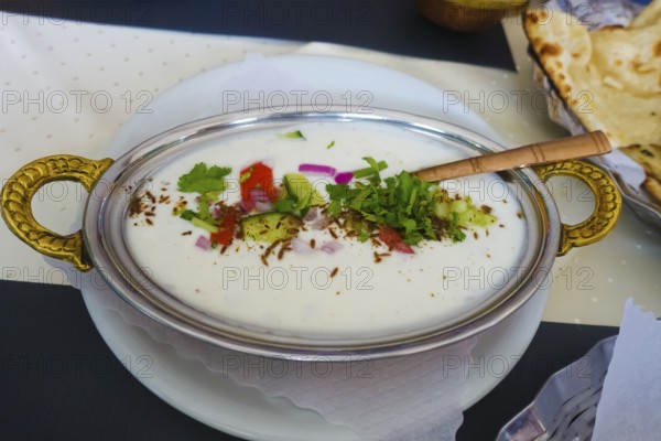 Indian cuisine, Mix Raita, spiced yoghurt with onions, cucumber, tomatoes, herbs, savoury, salty, traditional cuisine, food photography, studio, Germany