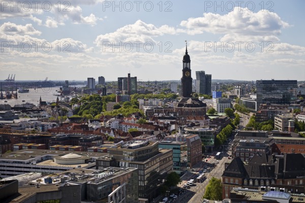 City view from above with the harbour and the main church St. Michaelis, called Michel, Hamburg, Germany