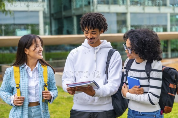 Happy multi-ethnic university students reading notes together standing outside the university in a modern and green campus