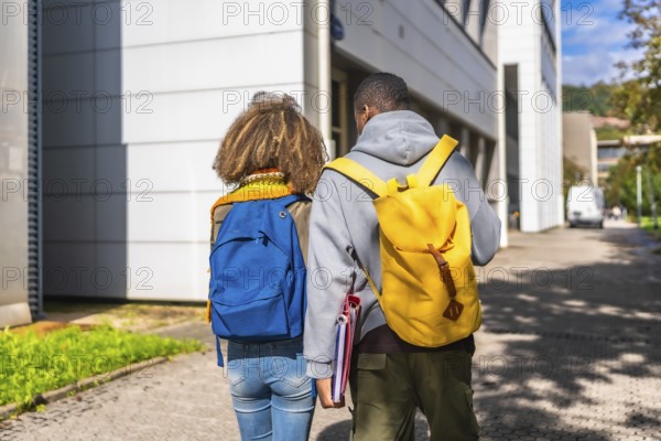 Rear view of two multi-ethnic students walking along the university campus