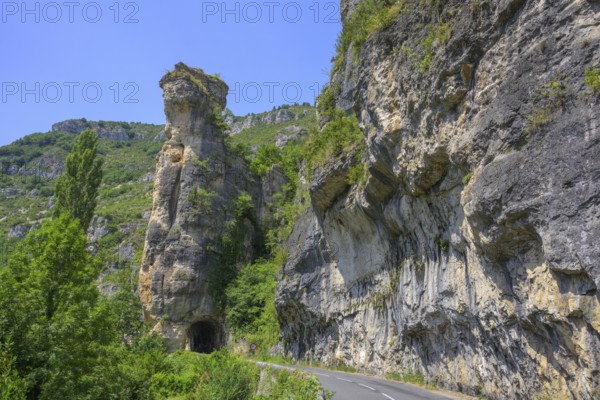 Tunnel through rock tower, road through the Tarn Gorge, Gorges du Tarn Causses, Département Lozère, France