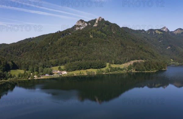 Drone image, Schwarzensee in the Schafberg massif near Sankt Wolfgang, Osterhorn group, Salzkammergut, Salzburg province, Austria