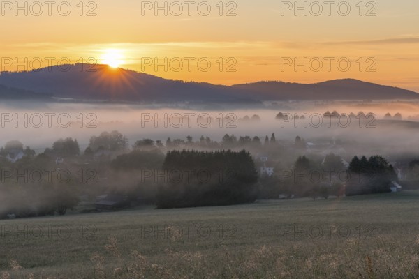 Oberlausitzer Bergland with fog at sunrise, view from Callenberg, Schirgiswalde-Kirschau, Saxony, Germany