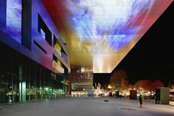 Art and Congress Centre, KKL, light installation at dusk, Lilu, Light Festival 2023, Lucerne, Canton of Lucerne, Switzerland