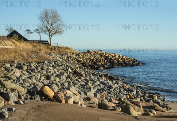 Many stones as erosion protection against the Baltic Sea in Löderup, Ystad Municipality, Skåne County, Sweden, Scandinavia