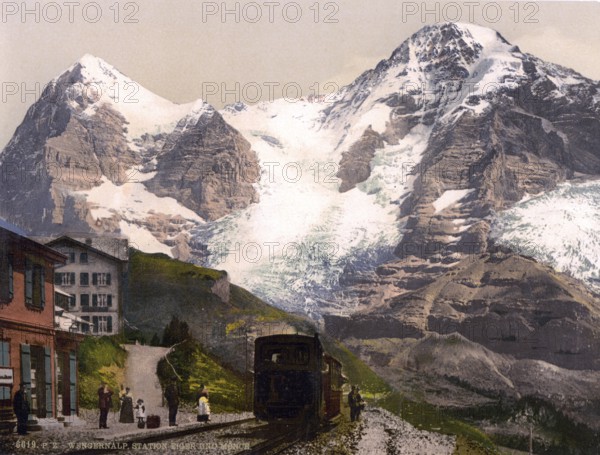 Wengern Alp Station, Eiger und Mönch, Bernese Oberland, Switzerland, Historic, digitally restored reproduction from a 19th century original, Record date not stated, Eiger and Monch, Bernese Oberland, Switzerland, Historic, digitally restored reproduction from a 19th century original, Record date not stated