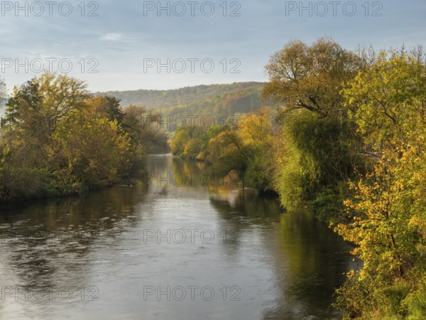 The river Saale in the Saale valley not far from Jena in autumn, Dornburg-Camburg, Thuringia, Germany