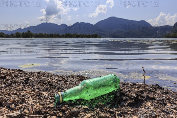 Empty beer bottle lying on the shore of a lake, rubbish, pollution, sunny, Lake Kochel, behind it Jochberg, Bavaria, Germany