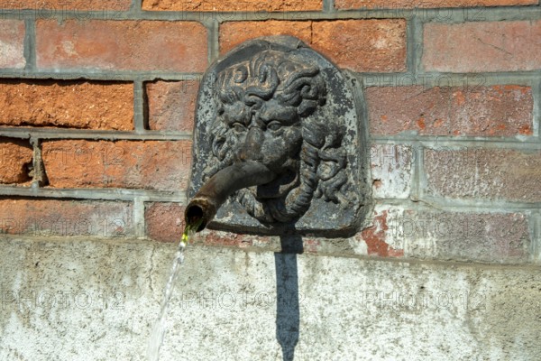 Fountain in the shape of a lion's head. Esteil village. Livradois-Forez Regional Nature Park. Puy de Dome department. Auvergne-Rhone-Alpes. France -