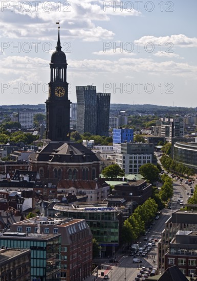 City view from above with the main church St Michaelis, called Michel, and the Dancing Towers, Hamburg, Germany
