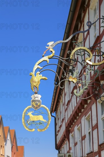 Inn sign, Alte Post restaurant, restaurant, building, window, half-timbered, historic building, architecture, Münsingen, Swabian Alb, Baden-Württemberg, Germany