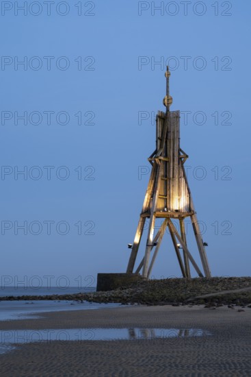 Illuminated Kugelbake, landmark, blue hour, low tide, North Sea, Lower Saxony Wadden Sea National Park, Cuxhaven, Lower Saxony, Germany