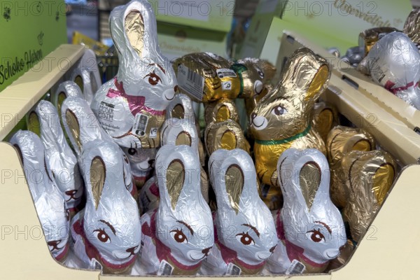 Display on retail shelf of wholesale chocolate Easter bunnies chocolate Easter bunnies wrapped in gold gold silver silver coloured staniol paper, Germany