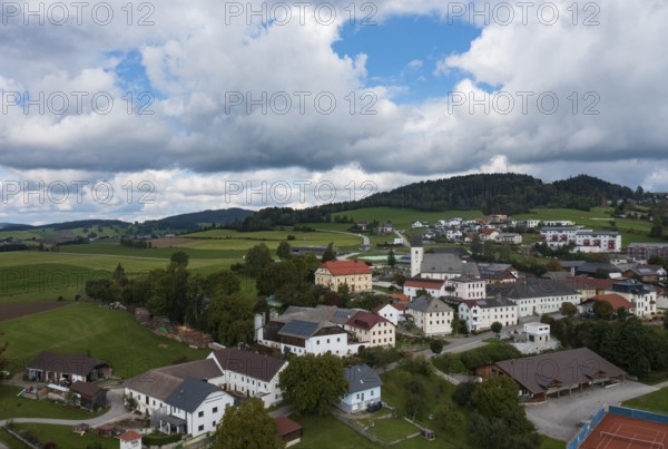 Drone image, view of the village with parish church, Grünbach near Freistadt, Mühlviertel, Upper Austria, Austria