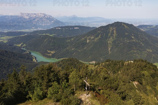 Drone image, summit cross on the Ochsenberg with Untersberg and Wiestal reservoir, Osterhorn group, Salzkammergut, Salzburg province, Austria