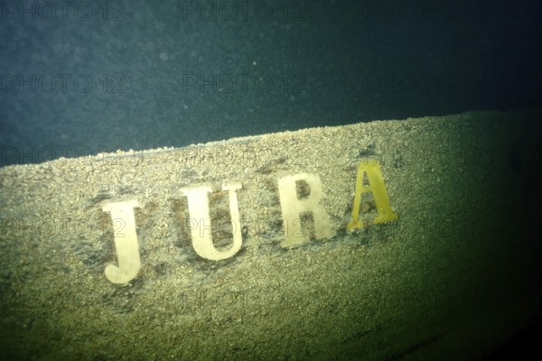 The lettering 'Jura' can be seen on a weathered shipwreck covered with mussels, quagga triangle mussel (Dreissena rostriformis bugensis), invasive species, under water, dive site wreck of the Jura, Lake Constance, Bottighofen, Switzerland, Münsterlingen, Germany