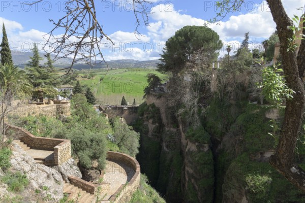 View of the Puente Viejo, Old Bridge and Mirador De Cuenca, Ronda, Malaga, Spain