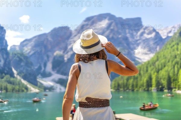 Woman wearing summer hat enjoying stunning landscape of lake braies, also known as pragser wildsee, with boats and majestic mountains in the dolomites, italy