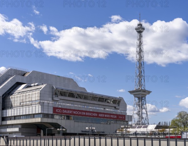 Red advertising poster of the Berlin Senate at the ICC, Messedamm, Berlin, Germany