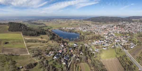 Aerial view, panorama of the municipality of Steißlingen with the natural bathing lake Steißlinger See, Hegau, district of Constance, Baden-Württemberg, Germany