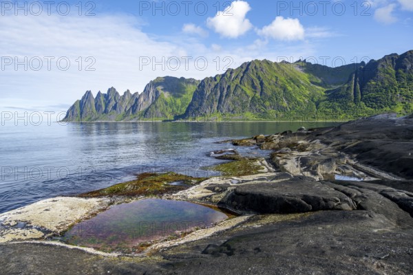 Tidal pools, rocky coast of Tungeneset, Devil's Teeth, Devil's Teeth, Okshornan, Ersfjorden, Senja Island, Troms, Norway