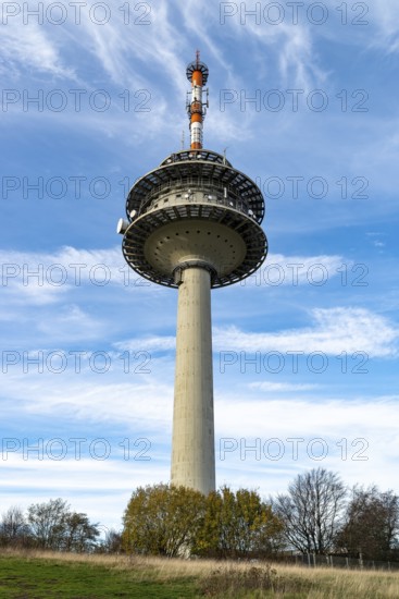 The telecommunications tower on the Köterberg rises into a blue sky with scattered clouds, surrounded by grassy fields and trees, Lügde, Teutoburg Forest, North Rhine-Westphalia, Germany