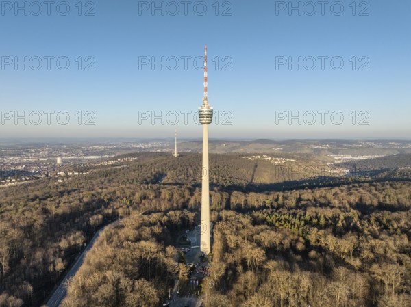 Aerial view of the 216.6 metre high Stuttgart television tower, observation tower, restaurant, radio transmitter, tourist attraction and historical landmark of the state capital Stuttgart, in operation since 1956. Behind it the telecommunications tower, Stuttgart, Degerloch, Baden-Württemberg, Germany