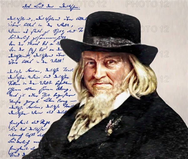 August Heinrich Hoffmann, Hoffmann von Fallersleben, 1798 –1874, German poet, digital edited according to a painting by Ernst Henseler, his own manuscript oft he German national anthem