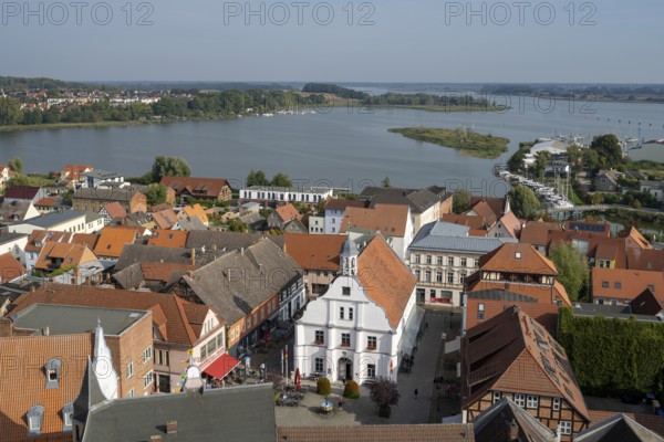 Old town with town hall, Peenestrom in the background, view from the tower of St Peter's Church, Wolgast, Usedom Island, Mecklenburg-Western Pomerania, Germany